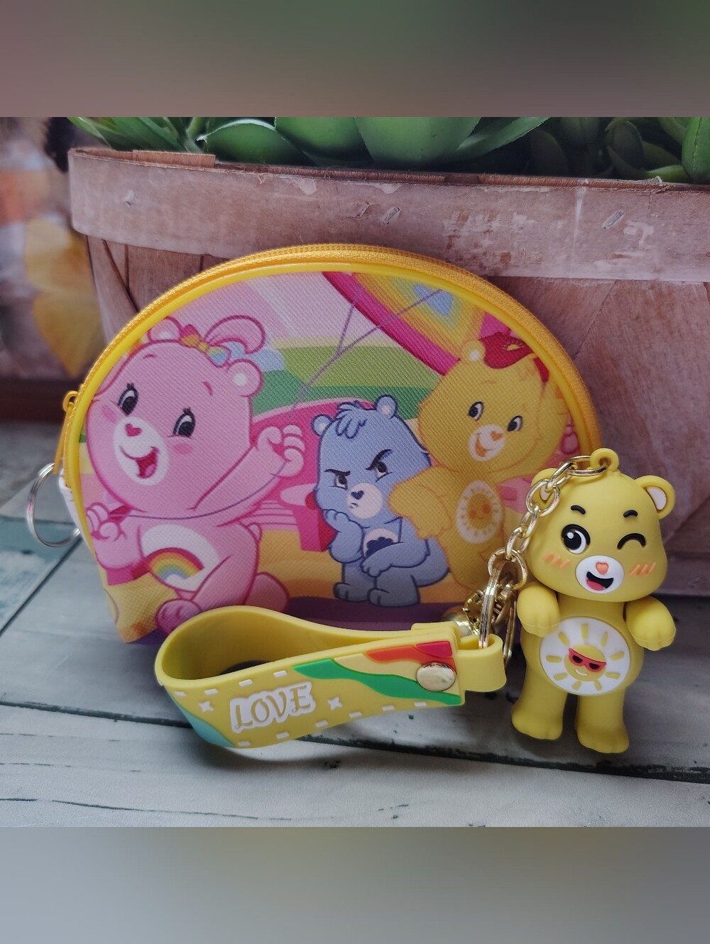 🌞Novelty Care Bear Coin Purse w/ Funshine  Bear Keychain NEW!